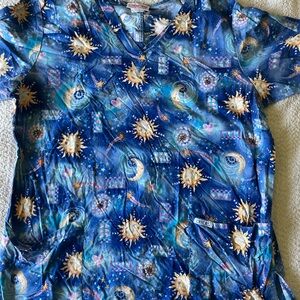 Blue Celestial Print Scrub Top